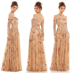 Abito Mac Duggal taglia 14 paillettes perline rosso argento vortici manica lunga caramello 5217 - Foto 1 di 13