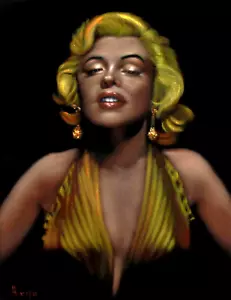 Marilyn Monroe in abito oro di Argo, taglia 18x24, olio originale su velluto nero - Foto 1 di 10