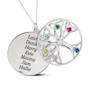 Sterling Silver Disc + with CZ tree 7 Names Pendant & 7 birthstones - Picture 1 of 6
