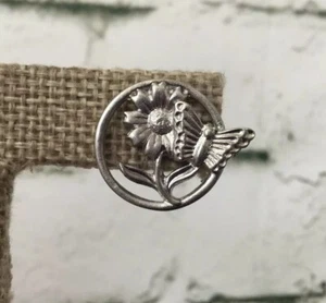 Flower & Butterfly Lapel Pin Brushed Silver Toned - Picture 1 of 4