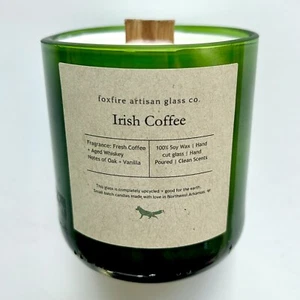 NEW! Foxfire Art. Glass Co. IRISH COFFEE 11-oz SOY CANDLE Green Wine Bottle Base - Picture 1 of 12