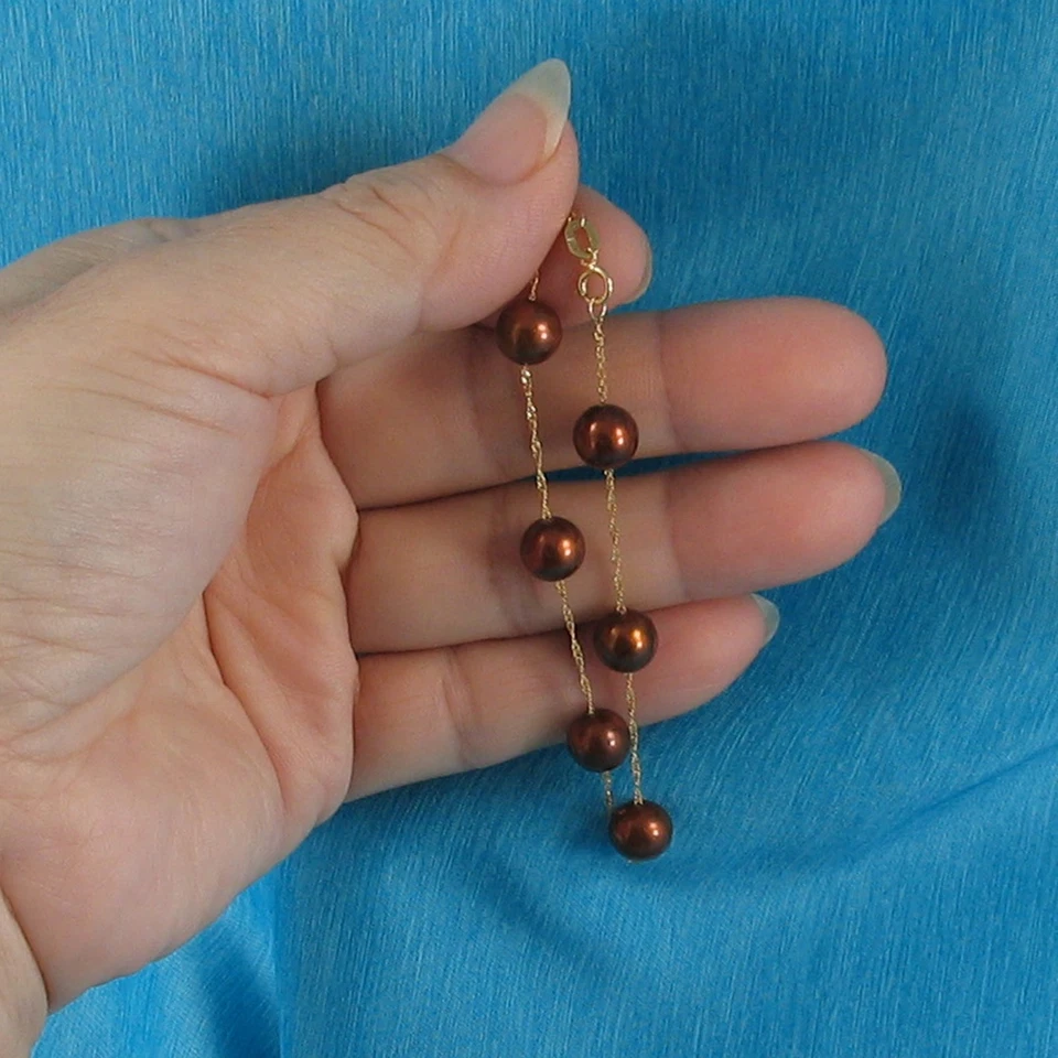 Brazalete de taza de lata artesanal de perlas cultivadas de chocolate de oro amarillo de 14k Foto 1 de 4