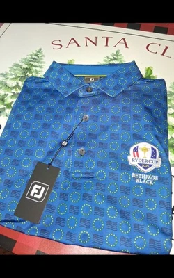 Footjoy Ryder 杯锦标赛印花蓝色高尔夫 Polo 34991 Bethpage 黑色 — 第 1/4 张图片