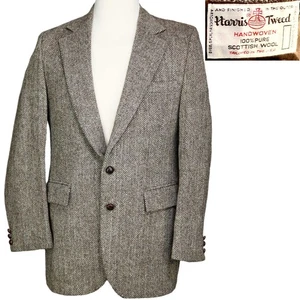 1960s Vintage Harris Tweed Wool Sport Coat Suit Jacket Brown Herringbone Fall 40 - Picture 1 of 8