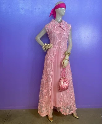 Vestido vintage años 60 NOVARESE ROSA ENCAJE ROSAS Vestido RELOJ ARENA Alta Costura Romance Foto 1 de 4