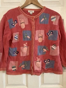 Christopher & Banks Vtg Easter Embroidered Cardigan Sweater Medium Flower Button - Picture 1 of 6