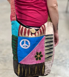 Flower Peace - Colorful Super Cute Cotton Hobo Bag Nepali razor cut Design 16" - Picture 1 of 2