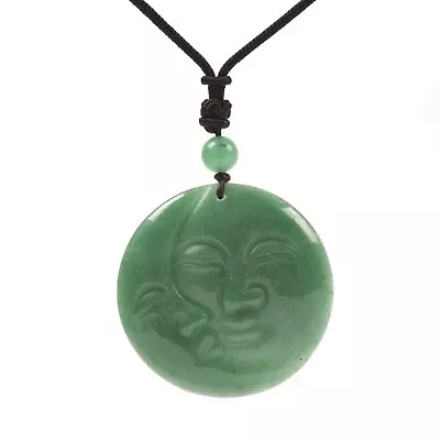 Green Aventurine Gemstone Carved Sun&Moon Face Flatback Round Pendant Necklace - Image 1 of 4