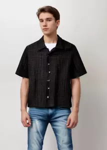 Axis LA - Camisa de Campamento con Botones - Hombre M 45x28 - Cuadros Negros - Lino/Rayón Corto slv - Imagen 1 de 8