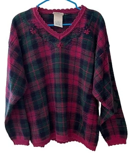Maglione pullover donna vintage Northern Reflections L scollo a V a quadri cotone rosa - Foto 1 di 8