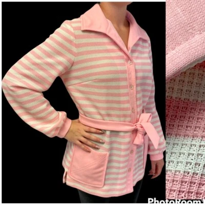 Vtg 70’s Mr Jack PASTEL Pink Knit MoD STRIPE Cardigan Belted Sweater Dress - Image 1 of 4