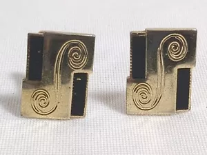Vintage Anson Gold Tone & Black Cufflinks W/ Etched Dress Clothing Accessories - Picture 1 of 9