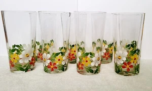 Vintage bemalt rot gelb weiß Blume 8er Set Highball Trinkgläser Mitte des Jahrhunderts - Bild 1 von 10