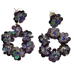 Dangling Sparkling Circles Flashy Sequins with Blue Crystals Pierced Earrings - Picture 1 of 17