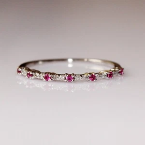 Solid 14k White Gold 7 Genuine Ruby & Natural Diamond Stacking Wedding Band Ring - Picture 1 of 8
