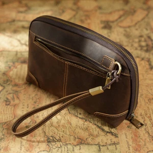 Men's Genuine Leather Clutch Bag Travel Charger Data Cable Storage Bag Organizer - Picture 1 of 18