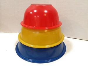 Vintage Pyrex blau, rot, gelb "klarer Boden" Rühren Teig Nesting Schüssel Set- - Bild 1 von 4