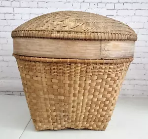 Grande cesto vintage tessuto a mano africano asiatico conservazione naturale con coperchio boho tiki - Foto 1 di 21