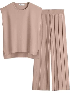 ANRABESS Damen 2-teiliges Lounge Freizeit Strick Khaki Set Medium Neu - Bild 1 von 7