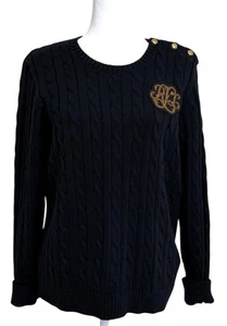 Lauren Ralph Lauren Black Label Cable Knit Sweater Monogram Black Womens Size XL - Picture 1 of 11