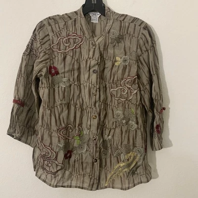 Rare Citron Women’s Blouse PXS Brown Shimmer Floral Embroidered Button Bamboo - Image 1 of 4