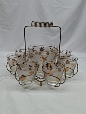 Vintage Libbey Golden Foliage Frosted Ice Bucket, 8 Rocks Glasses and Caddy Set  - Image 1 of 4