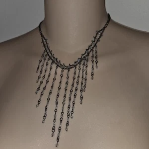 Choker Style Hanging Beaded Necklace Gunmetal Link Chain Clear Beads Punk Boho - Picture 1 of 10