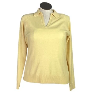 Lands End Sweater Women L Yellow Cashmere Collar Long Sleeve Polo Pullover - Picture 1 of 1