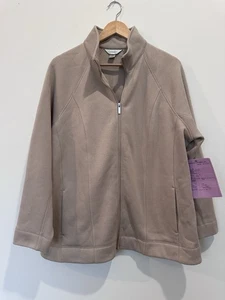 CJ Banks Womens 1X Tan Beige Fleece Zip Front Long Sleeved Sweater Jacket - Picture 1 of 5