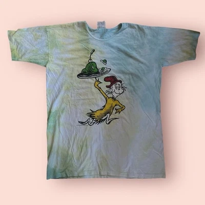 Vtg DR SEUSS T-SHIRT OSFA XL Tall Tie Die WHITE GREEN EGGS HAM 1990s Sam I Am - Image 1 of 4