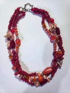COLLANA ARGENTO CON PERLINE TRIPLO FILO ROSSO E ARANCIONE - Foto 1 di 1