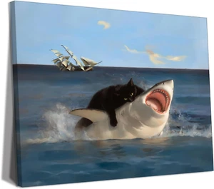 Yaneiro Framed Black Cat Wall Art, Funny Quirky Cat and Shark Pictures Canvas Pr - Picture 1 of 12