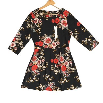 Whimsigoth Vamp Nicole Miller Black Red Floral Pockets Fairygoth Dress 8  - Image 1 of 4