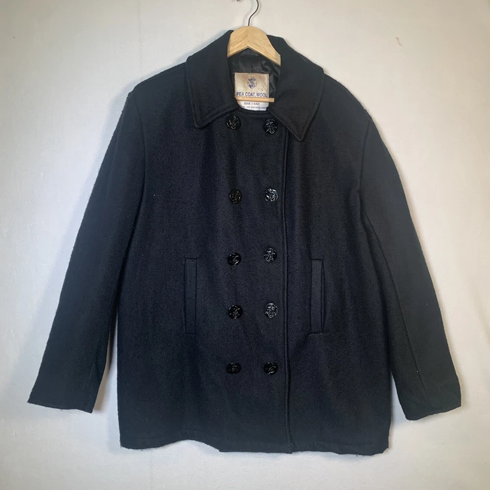 Casaco de ervilha vintage preto mistura de lã azul marinho dos EUA peito duplo tamanho 40 médio - Imagem 1 de 4