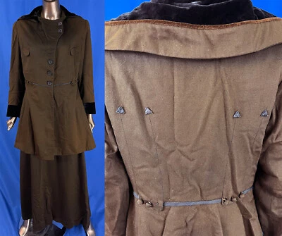 Edwardian Titanic Era 棕色羊毛天鹅绒装饰冬季步行套装夹克和裙子  — 第 1/3 张图片