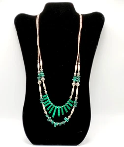 Southwestern Malachite Double Strand Liquid Silver Native American Vtg Necklace - Picture 1 of 23