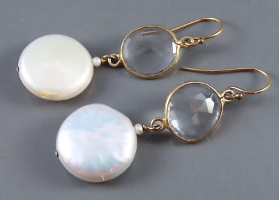 Pendientes colgantes RELLENOS DE ORO 14K GF CUARZO ROCA Y MONEDAS BLANQUECINAS PERLAS Biseles Foto 1 de 4