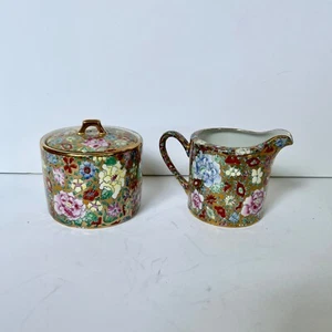 Vintage Millefleur Cream & Sugar Set Gold Floral Chinoiserie Porcelain Tea Set - Picture 1 of 10