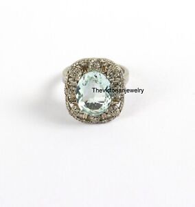 Aquamarine Pave Diamond 925 Sterling Silver Designer Ring Women Fine Jewelry
