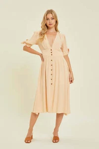 HEYSON Full Size Textured Linen V-Neck Button-Down Midi Dress - Picture 1 of 10