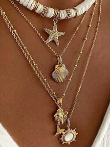 Vintage Sun Multilayer Necklace For Women Summer Beach Starfish Shell Coconut - Picture 1 of 3