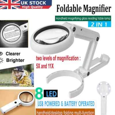 5/11x Magnifying Glass With Light 8 LED Magnifier Foldable Stand Desk Reading - Image 1 of 4
