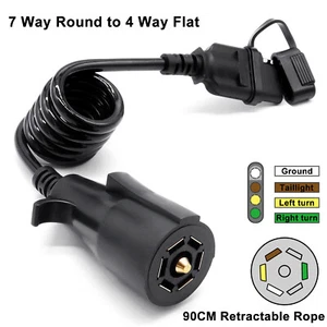 3FT 7 Way RV Blade Round to 4 Way Flat Coiled Wiring Trailer Connector Adapter - Picture 1 of 6