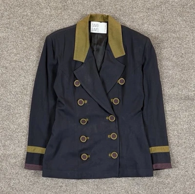 复古羊毛混纺双排扣海军蓝西装外套女式 6 码绿色披肩领 — 第 1/4 张图片