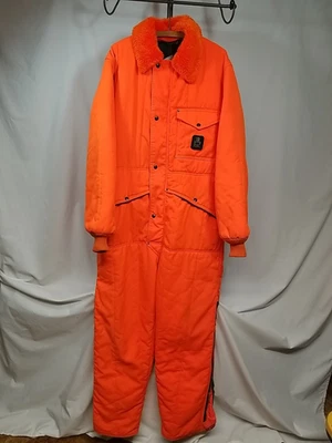 RefrigiWear Vintage Blaze Orange Men's Hunting Coveralls Large One Broken Zipper - Image 1 of 4