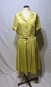 70s Women’s Handmade Belted Short Sleeve Dress Green Gingham Lightweight Vintage - Picture 1 of 13