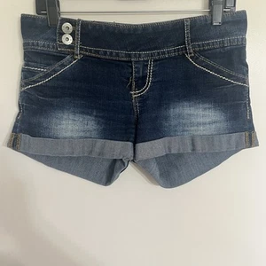 Women’s Juniors Mudd 90s Y2K Denim Jean Shorts Size 9 Dark Wash Contrast Trim - Picture 1 of 15