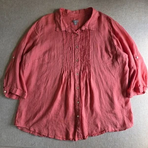 J Jill 100% Linen Button Up Top Sz 2X Pink Pintuck Long Roll Tab Sleeve Beachy - Picture 1 of 13
