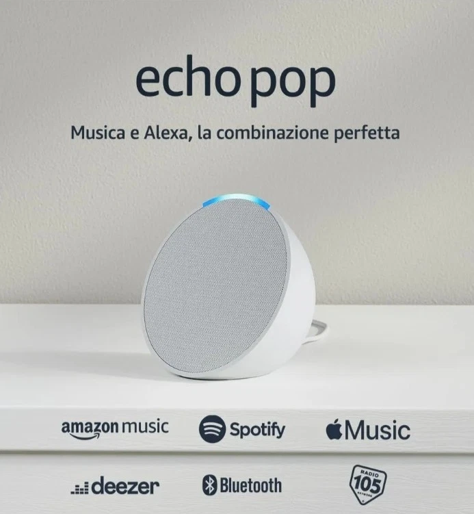 Echo Pop (modello 2025 ) ALTOPARLANTE Bluetooth intelligente con Alexa Bianco - Immagine 1 di 4