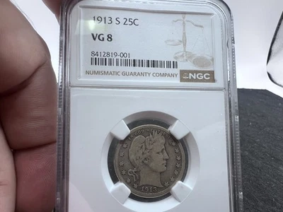 1913-S Barber Silver Quarter - VG8 NGC - Only 40,000 Minted - Key Date! - Image 1 of 3